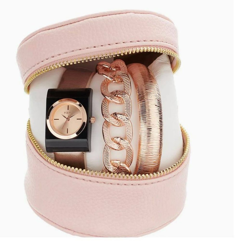 Folio Women's Rose Gold Tone Watch & Bracelet Set